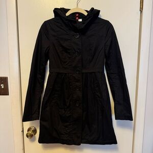 H&M Divided Women’s Black Hooded Trench Coat with Waist Detail